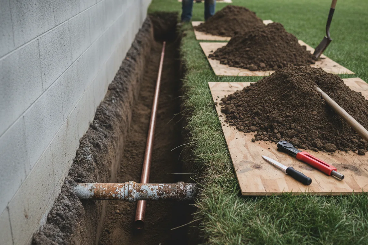 Excavated water line trench during Water Heater Repair in Saint Michael